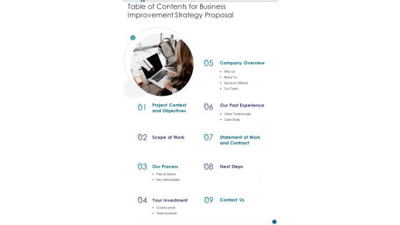 Table Of Contents For Business Improvement Strategy Proposal One Pager Sample Example Document