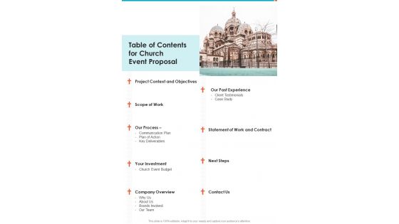 Table Of Contents For Church Event Proposal One Pager Sample Example Document