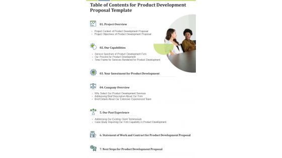 Table Of Contents For Product Development Proposal Template One Pager Sample Example Document