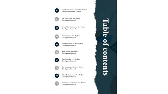 Table Of Contents New Product Development Proposal One Pager Sample Example Document