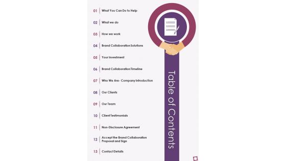 Table Of Contents Partnership Proposal To Collaborate With Influencers One Pager Sample Example Document