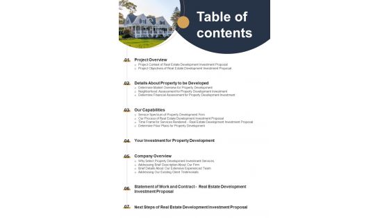 Table Of Contents Real Estate Development Investment Proposal One Pager Sample Example Document