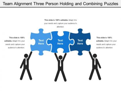 Team alignment three person holding and combining puzzles