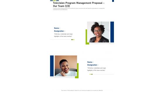 Television Program Management Proposal Our Team One Pager Sample Example Document