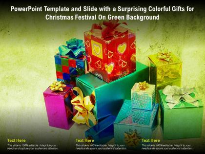 Template and slide with a surprising colorful gifts for christmas festival on green background