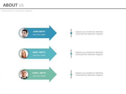 Three arrow tags and member profile for about us powerpoint slides