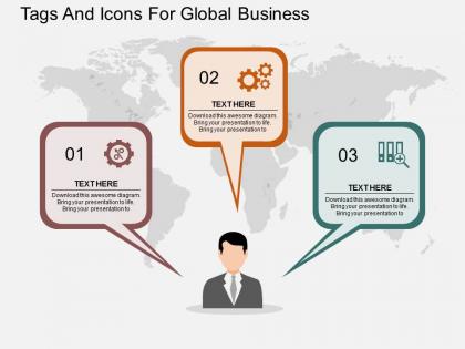 Three speech tags and icons for global business ppt presentation slides