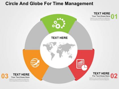 Three staged circle and globe for time management ppt presentation slides