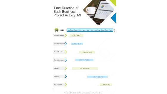 Time Duration Of Each Business Project Activity One Pager Sample Example Document