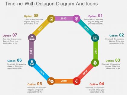 Timeline with octagon diagram and icons flat powerpoint design