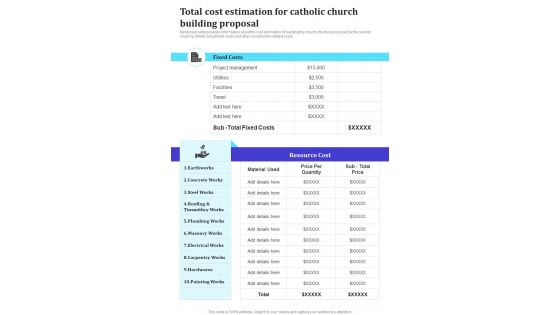 Total Cost Estimation For Catholic Church Building Proposal One Pager Sample Example Document