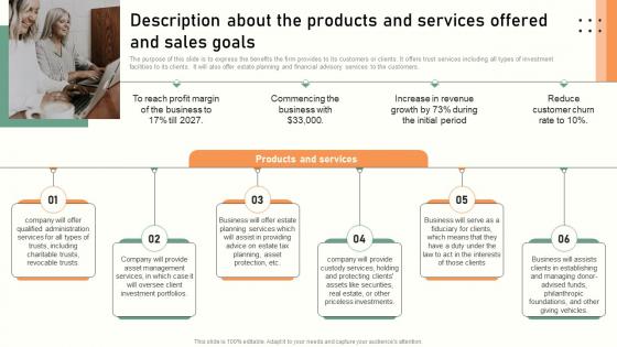 Trust Service Start Up Description About The Products And Services Offered And Sales Goals BP SS