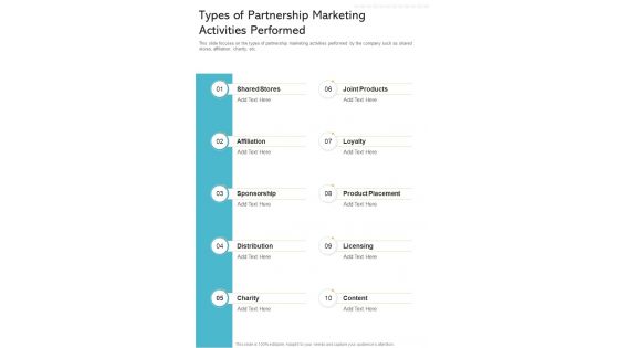 Types Of Partnership Marketing Activities One Pager Sample Example Document