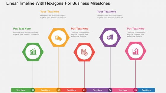 Uf linear timeline with hexagons for business milestones flat powerpoint design