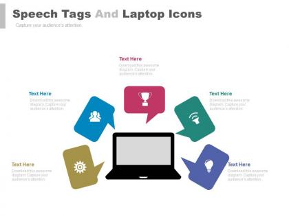 View five staged speech tags and laptop icons flat powerpoint design