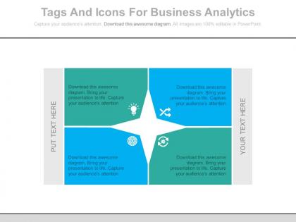 View four staged tags and icons for business analytics flat powerpoint design