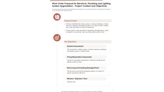 Work Order For Electrical Plumbing Project Context And Objectives One Pager Sample Example Document