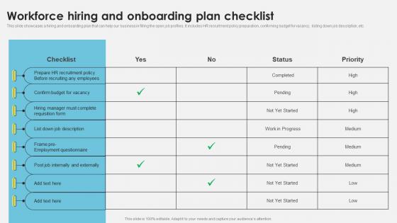 Workforce Management Techniques Workforce Hiring And Onboarding Plan Checklist