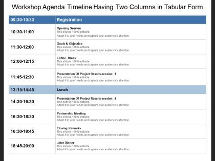 Workshop agenda timeline having two columns in tabular form