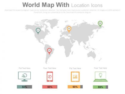 World map with location icons and devices for internet services powerpoint slides