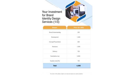 Your Investment For Brand Identity Design Services One Pager Sample Example Document