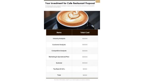 Your Investment For Cafe Restaurant Proposal One Pager Sample Example Document