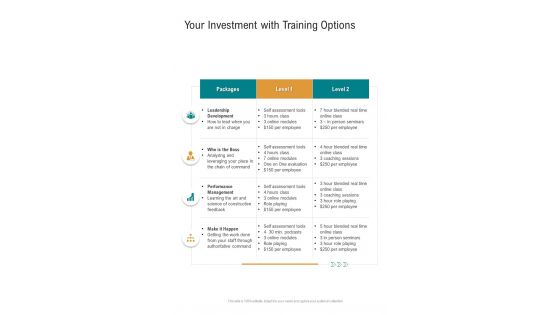 Your Investment With Training Options One Pager Sample Example Document